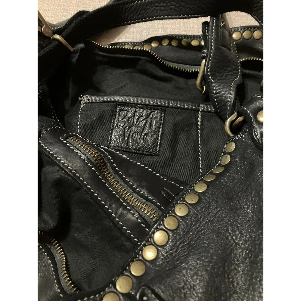 Bolsa Nova Anna Hobo Italian Black Washed Supple Leather Studded Shoulder Bag